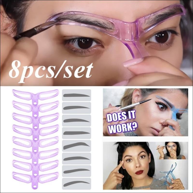 8pcs 8 In 1 Reusable Eyebrow Stencil Beauty Makeup Brow Stamp Template Eyebrows Shape Set Eye Brow Makeup Tools