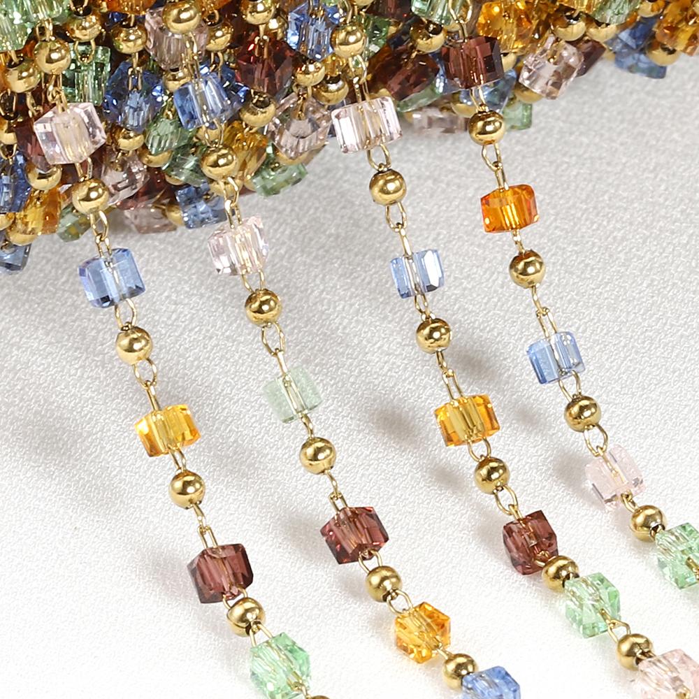 1Meter Stainless Steel Chain Boho Colorful Cube Square Crystal Beads Chain for DIY Necklaces Bracelets Holiday Jewelry Making