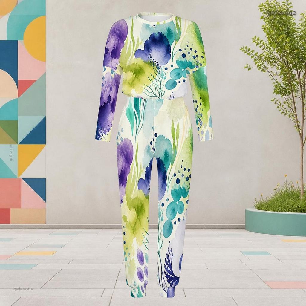 Women Plus Size Printed Round Neck Long Sleeve Two Piece Set Cuffed Top Cuffed Pants With Pockets