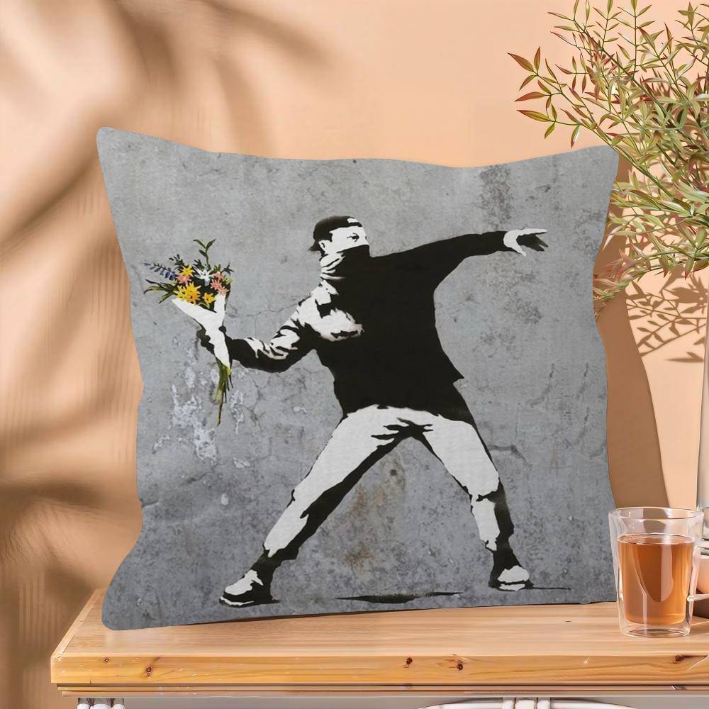 Banksy Street Graffiti Cushion Cover Inches Farmhouse Decor Home Throw Pillow Covers for Couch Decorations