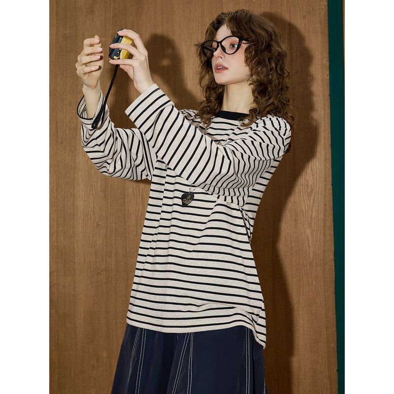 Coolhut2025 Autum Women's Round Neck Stripesd Contrasting Color Loose and Versatile Simple Long-Sleeved T-Shirt