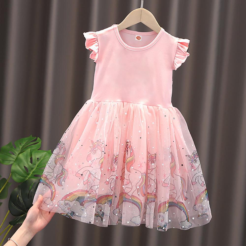 

Летнее платье принцессы с короткими рукавами и юбкой-пачкой для девочек с единорогом 120 cm розовый