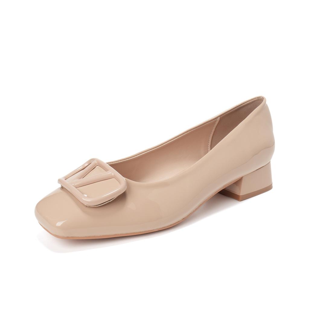 Weiwei girl 9258-12 Französische eckige Zehenpartie Einzelne Schuhe Damen Dicke Ferse Leichter Ausschnitt Temperament Nude Pendler Damenschuhe zum Rock