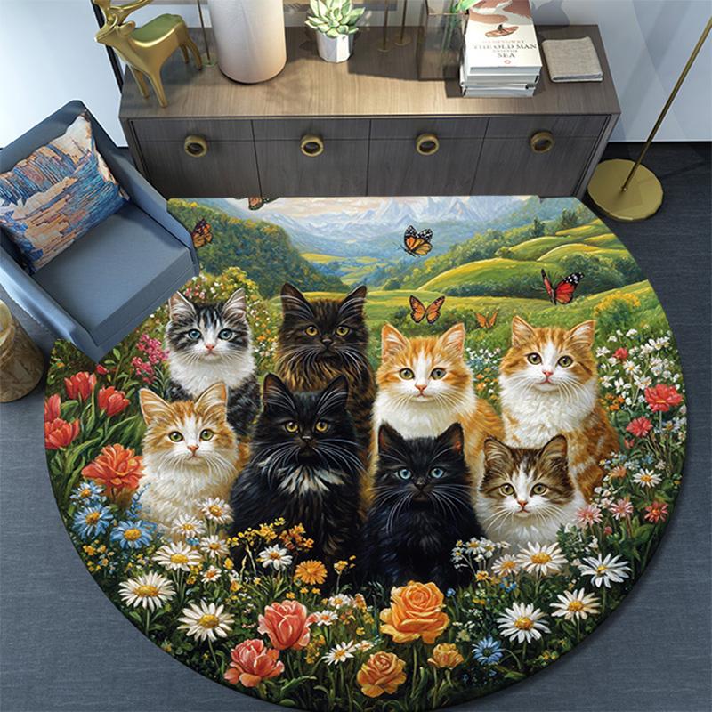 Cats In a Garden Round Area Rug,Carpet Rug for Living Room Bedroom Sofa Playroom Decor,Non-slip Floor Mat