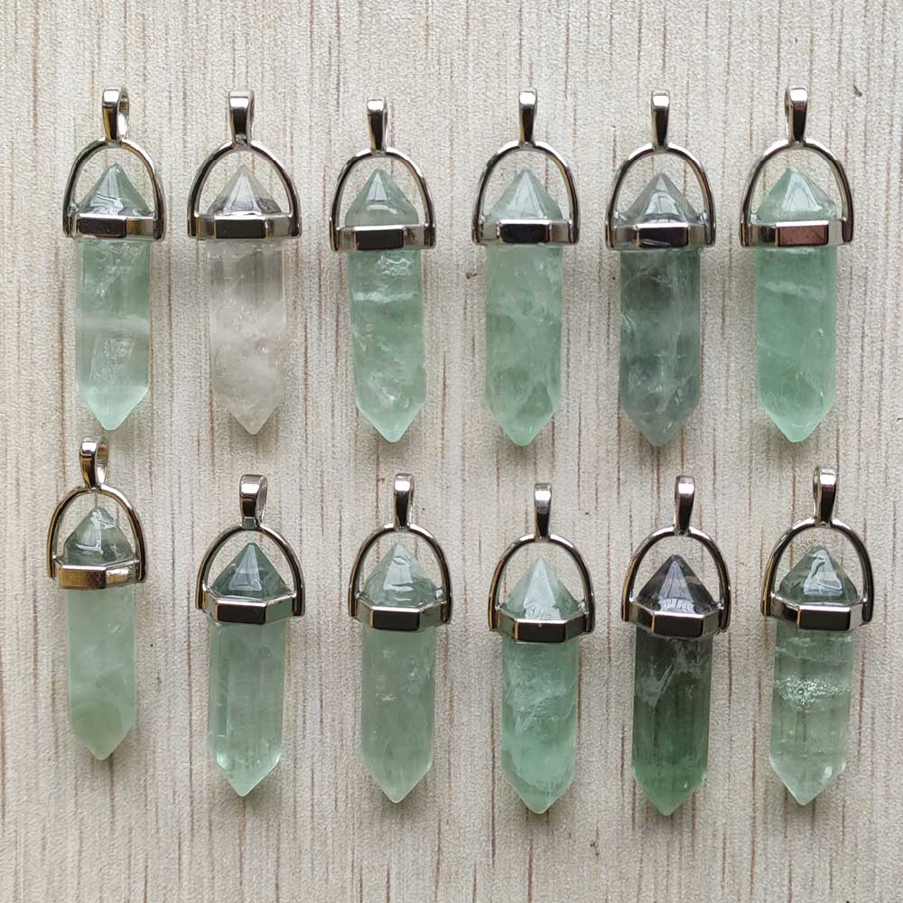 Natural stone quartz aventurine lapis crystal hexagonal pillar Pendants for Jewelry accessories 12pcs