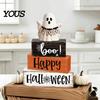Indoor Fall Home Accents Halloween Ghost Decoration, Wooden Sign Tiered Tray Ornament, Farmhouse Scenery for Shelves Tabletop Centerpiece Coffee