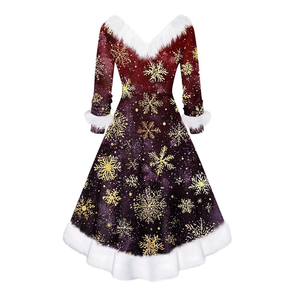 Women's Fashion V-neck Casual Fit Christmas Print Party Long Sleeve Dress