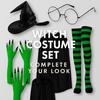Halloween Green Witch Costume Set With Claw Gloves Striped Socks Wizard Hat Cloak And Round Glasses For Party Cosplay