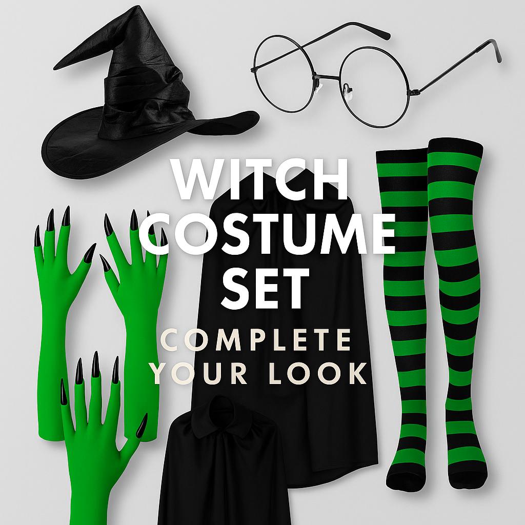 Halloween Green Witch Costume Set With Claw Gloves Striped Socks Wizard Hat Cloak And Round Glasses For Party Cosplay