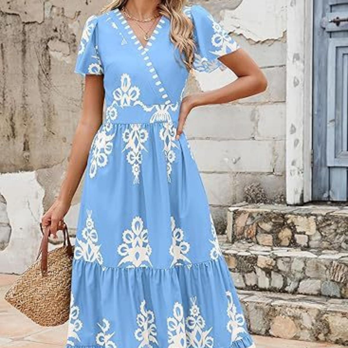 

Women s V-neck flared sleeve floral print pocket short-sleeved dress XXL світло-синій колір