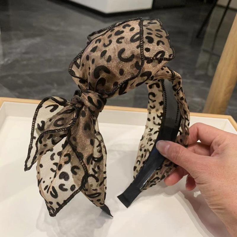 Vintage Leopard Print Hairband For Women Girls Fashion Handmade Wide-Rimmed Bow Hair Hoop Mesh Hair Bow Headband Hair Accessory
