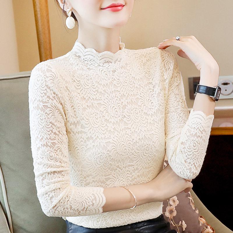 Aiyimaiyi 2023 Women's Autumn Lace Velvet Long Sleeve Shirt with Lace Collar - Temperament Inner Wear