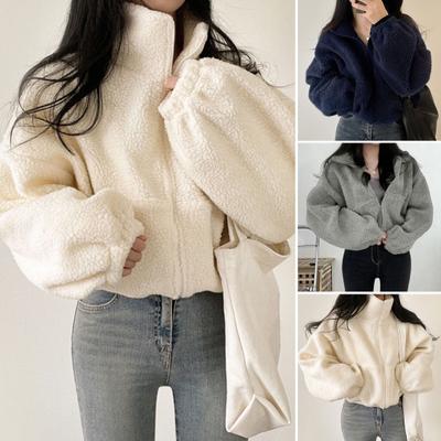 Women Winter Coat Thick Fleece Stand Collar Neck Protection Zip-up Short Type Cardigan Long Sleeves Cold-proof Outerwear School Outdoor Jacket