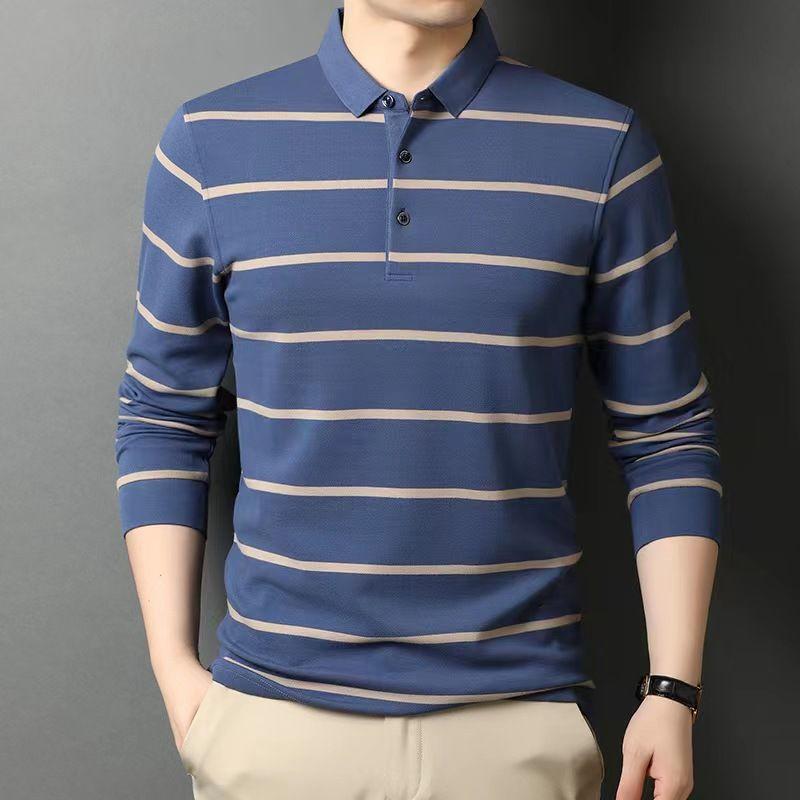 Men s Korean-Style Pullover Cotton Lapel Polo Shirt Long-Sleeve Striped Loose Button T-Shirt L