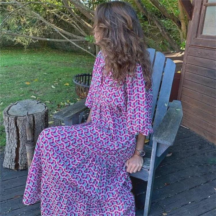 Maxi Dress Women European American Street Style Geometric Puff Sleeve