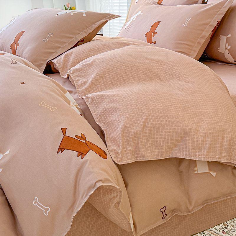 Simple Class A Washed Cotton Four-piece Bedding Set Princess Style Printed Quilt Cover Dormitory Bed Sheet Three-piece Quilt Cover