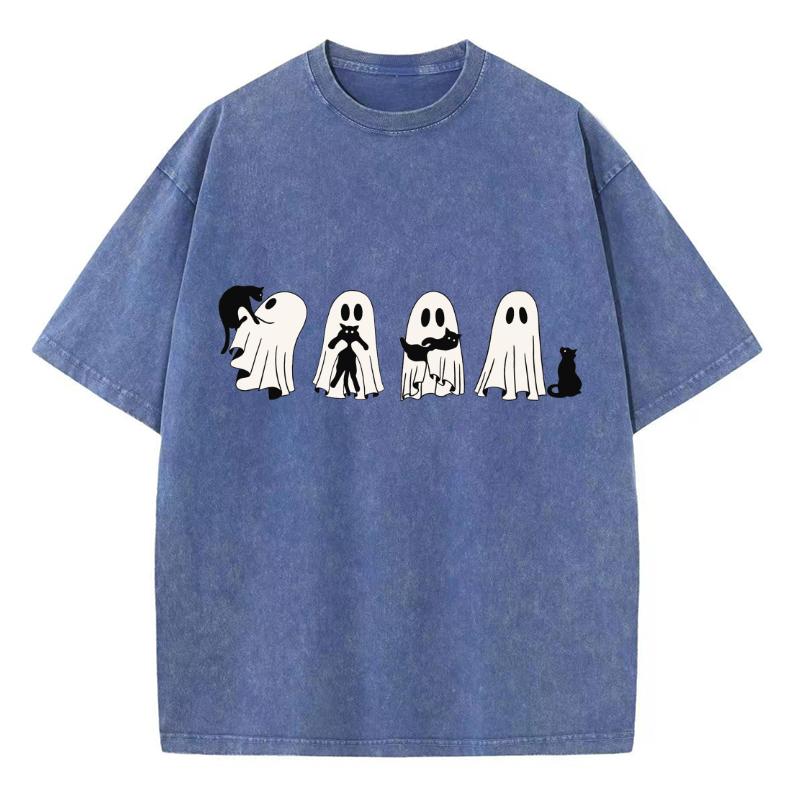 Cartoon Cat With Ghost Print Women T-Shirt Oversized Crew Neck Wash Loose Short Sleeve Unisex Minimalist Top Cute Sweetheart Y2k