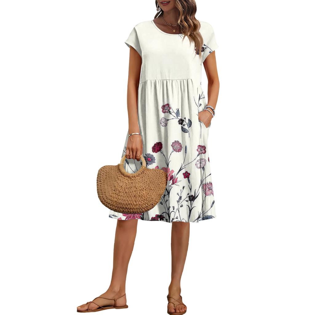 Women's Summer Fashion Casual Round Neck Short Sleeve Floral Print Dress