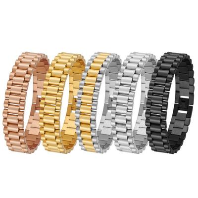 15mm Gold Stainless Steel Men's Watch Band Bracelet - Adjustable Titanium Steel Jewelry