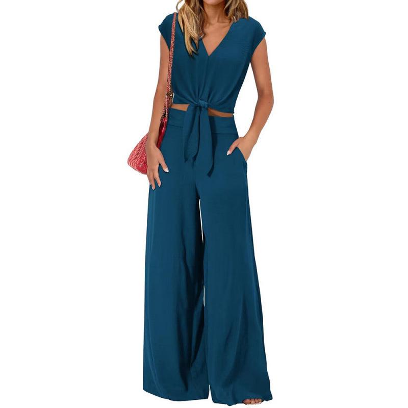 

2026 Summer Women s V-neck Lace-up Cropped Wide-leg Pants Fashion Set Navy [In Stock]