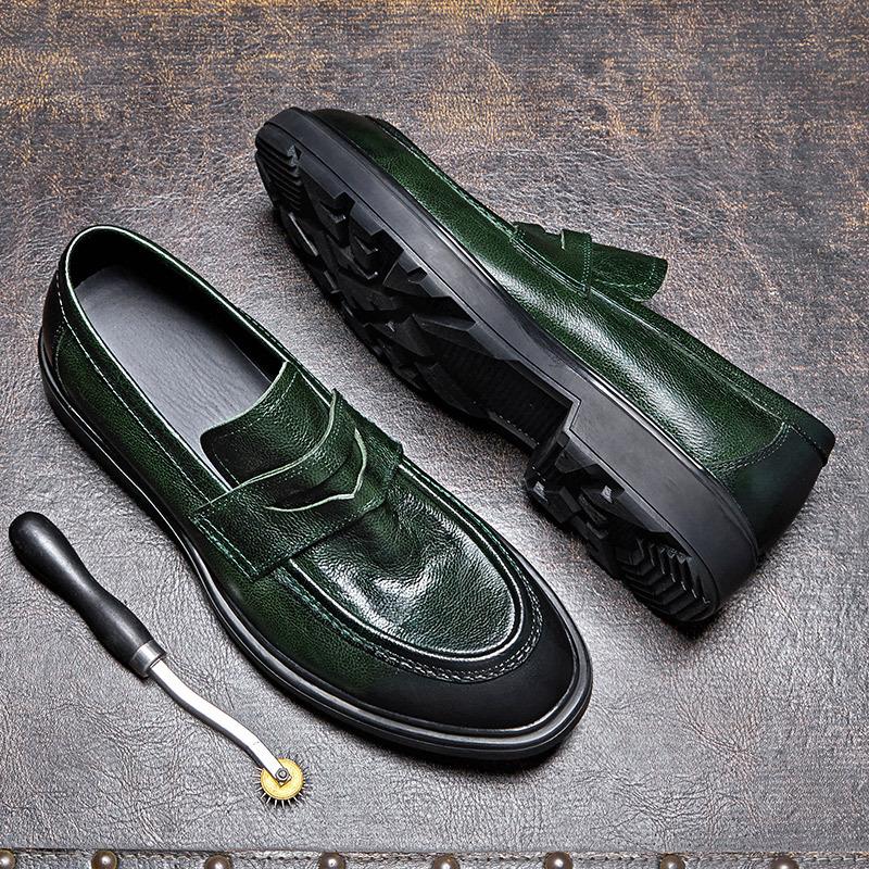 Thick-Soled Black Small Leather Shoes Men'S Genuine Leather Single Shoes British Style Versatile Loafers Retro Polish High-End