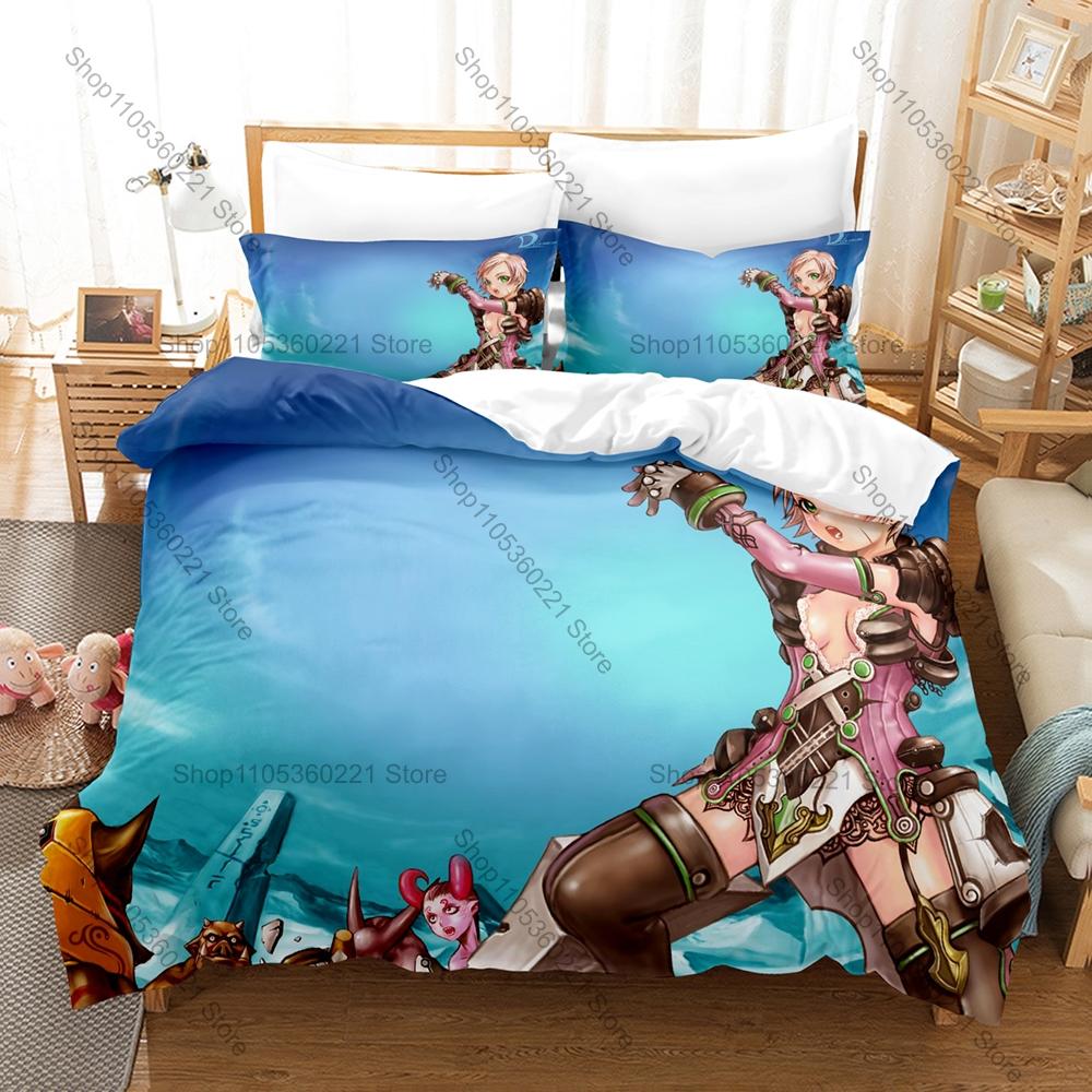 Cool MMORPG Collage Deco Online Chibi Classes Battle Scene Fantasy Game Merch 3PCS Bedding Duvet Cover + 2 Pillowcases Home Deco
