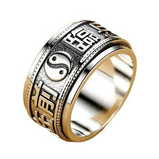 Rotatable Tai Chi Mantra Men's 925 Silver Thai Ring - Trendy, Wide, Artistic Retro Design