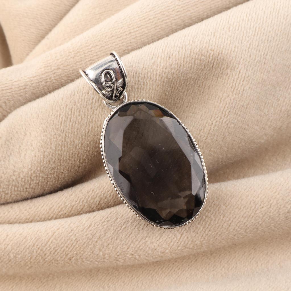 Gray Quartz Gemstone 925 Sterling Silver Pendant 1.8" Handmade Vintage Style Jewelry For Gift PP-71-8
