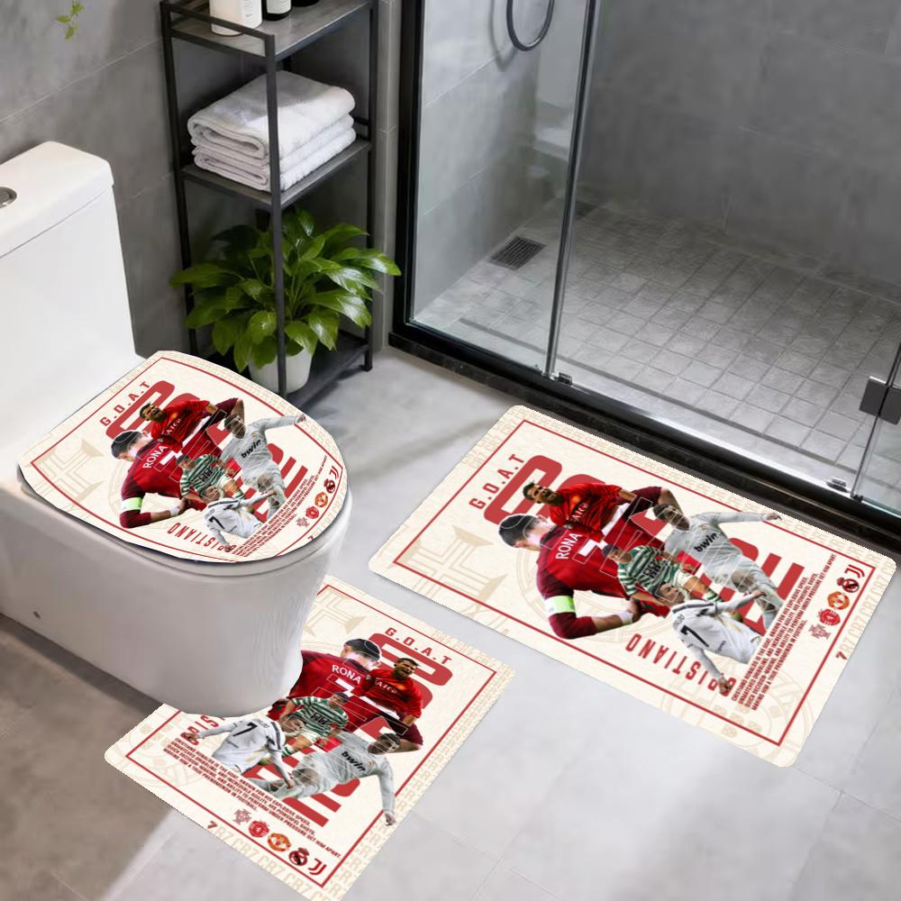 Cristiano Ronaldo Bathroom 3Piece Flannel Mat Set Bath Mat Set Toilet Coverushaped Foot Pad Gift Bathroom Decor