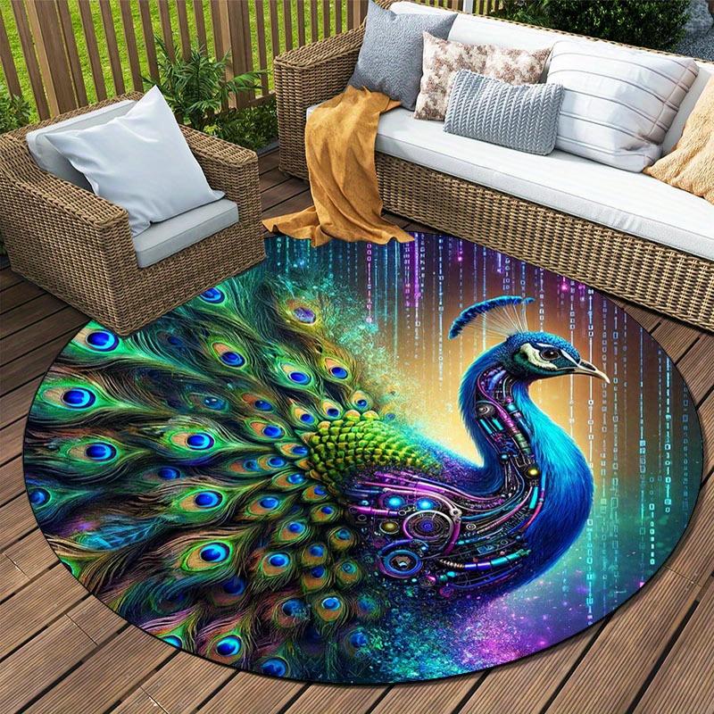 Crystal Velvet Carpet Crystal Velvet Peacock Design Mat - Vibrant Colorful Feathers Circular Mat, Lightweight Hand Wash On