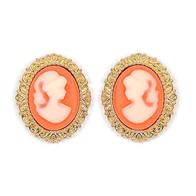 [R3882] - Gold Plated 'Camee' Earrings, Golden Orange - 15x12 Mm