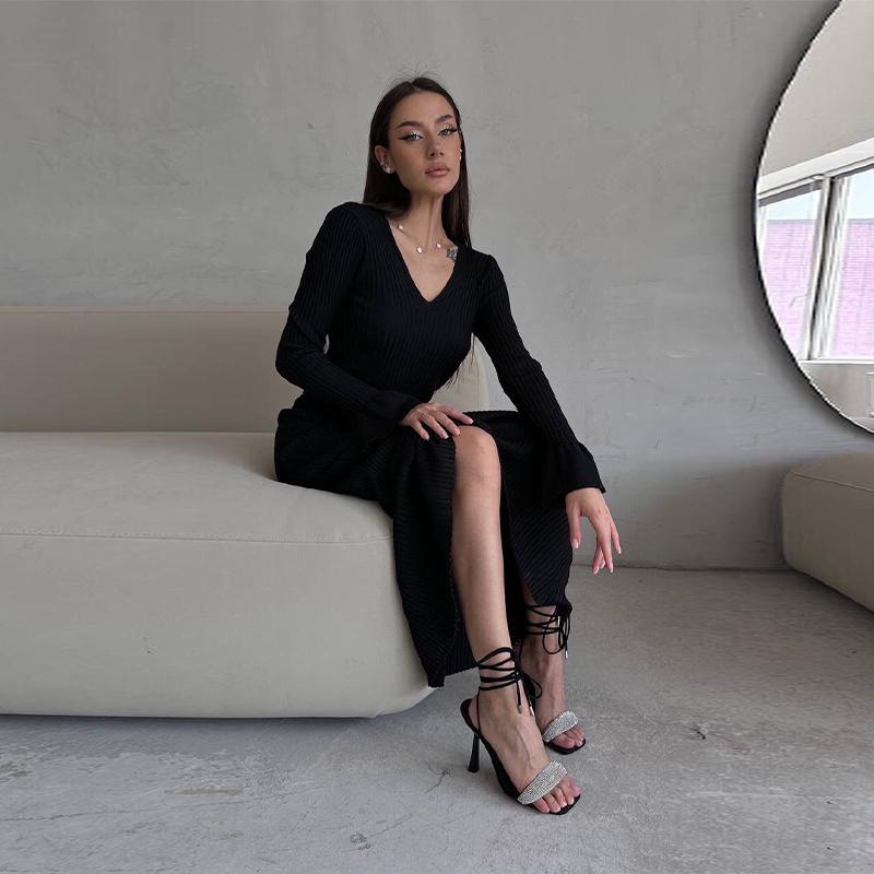 Women Elegant Solid Slim Long Sleeve Ribbed Knitted Dresses Autumn Winter Casual Basic V-neck Warm Sweater Dress