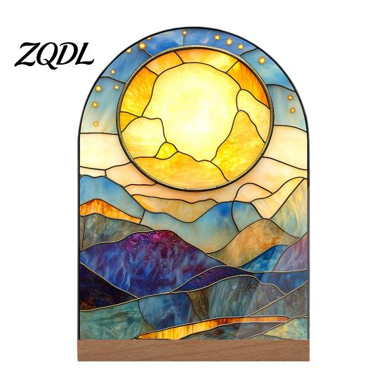 Artistic Tabletop Accents Stained Glass Style Acrylic Table Centerpieces, Floral & Landscape Pattern Exquisite Room Decor Sign with Wood Base for Home