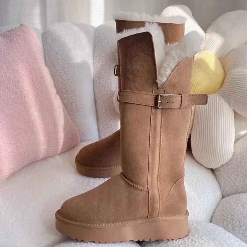 Fashion 2025 Winter Women's Keep Warm Short Plush Flat Suede New Platform Knee High Boots for Women Outdoor Casual Cotton Shoes 35-40