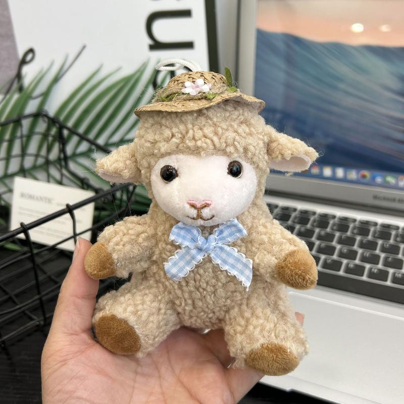 Cute Soft Plush Sheep Keychain Fluffy Straw Hat Plaid Bow 1Pcs Portable Key Ornament for Travel Backpack Decor