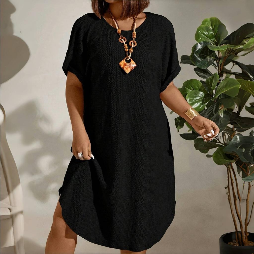 European and American Large-size Women's Clothing New Short-sleeved Solid Color Dress