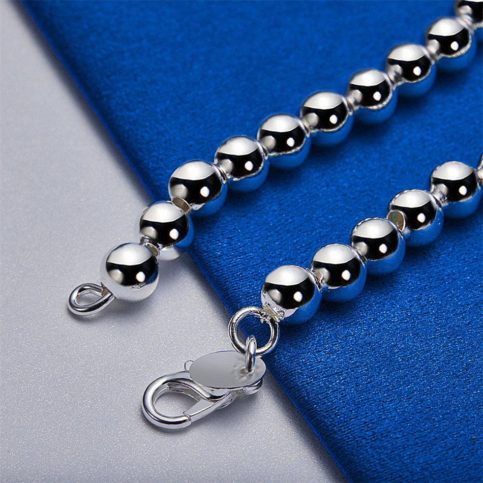 925 Sterling Silver 8-inch Smooth Round Bead Bracelet, Fashionable Men's and Women's Party Wedding Jewelry Accessories