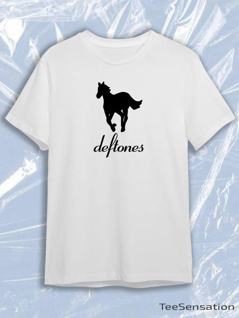 Deftones White Crew Neck Short Sleeve T-Shirt with Black Pony Horse Logo and Script Text