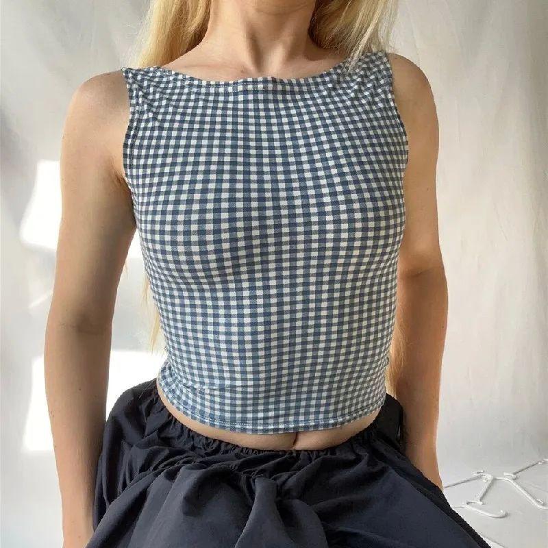 

Checkered Sleeveless Seamless Slim Fit Gingham Sleeveless Backless Slim Fit Tops Blue L(L)