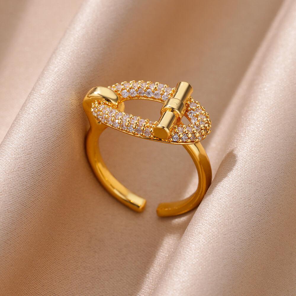 Gold Plated Stainless Steel Crystal Rings For Women Chain Geometry Zircon Finger Ring Jewelry Gift anillos mujer 2025 New Trendy