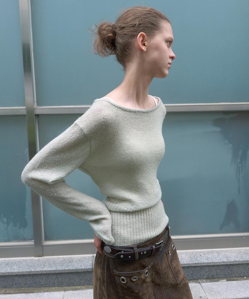KIJUN Sequin Boat-Neck Knit Top_Sage