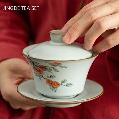 Vintage Ceramic Tea Tureen Home Hand Painted Persimmon Gaiwan Chinese Tea Set Accessories Tea Table Supplies with Cover Teacup