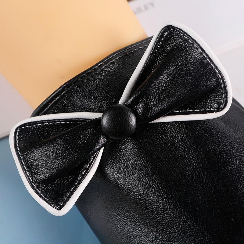 Winter thermal gloves women's bow velvet thickened washed leather touch screen anti-cold waterproof leather gloves