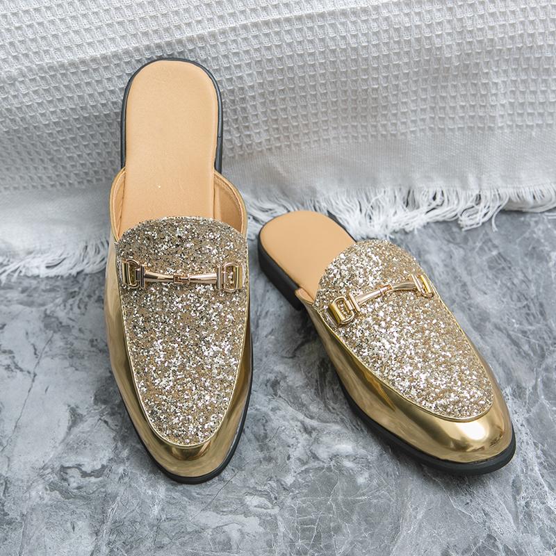 

Модные летние модные мужские повседневные легкие туфли удобные кожаные мужские универсальные туфли дышащие тапочки индивидуальность полу-перетаскивание ленивые 38 золотой