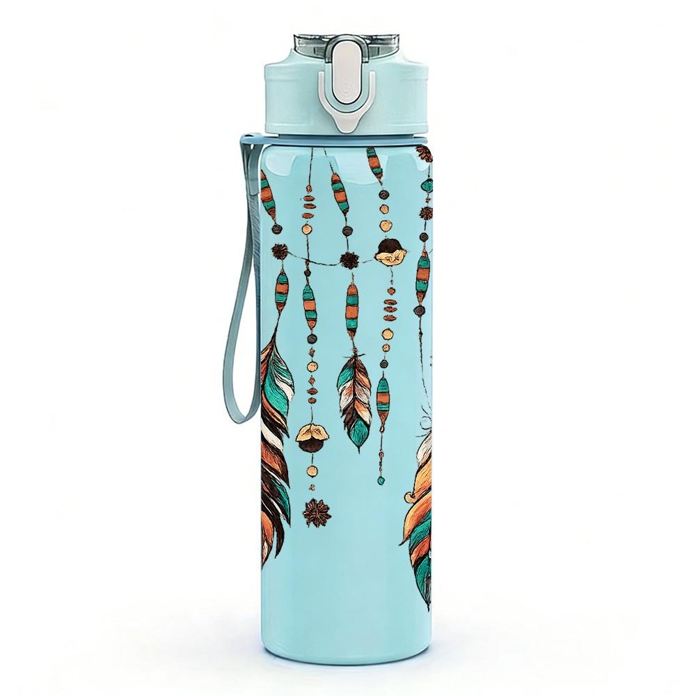 1PC Tribal Feather Bead Boho Decoration Print 750ml Color Plastic Sports Water Bottle Leakproof Flip Straw Lid Suitable for Sports Office Home Use
