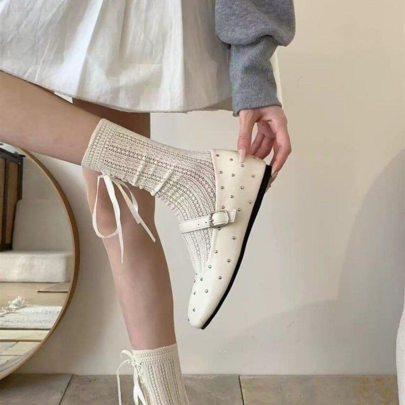 Fashion Spring New Flat Shoes Women Square Head Shallow Mouth Rivets A Word Buckle Soft Sole Anti-slip Wear-resistant Single Shoes
