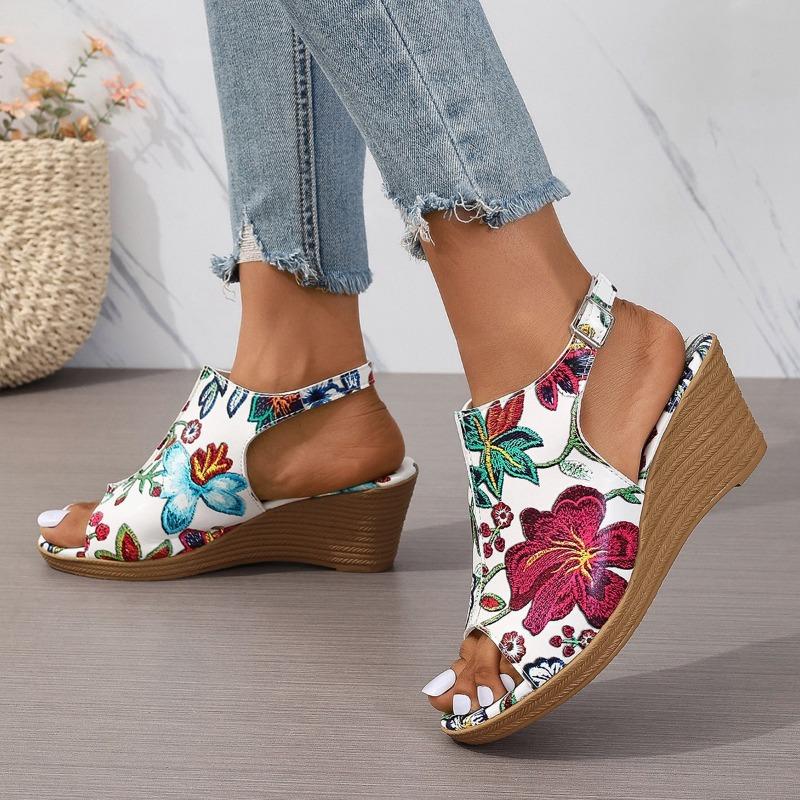 Bedruckte Schnallensandalen Damen Übergröße Sommer Blume Keilabsatz Ein Wort Fischmaul Übergröße Sandalen