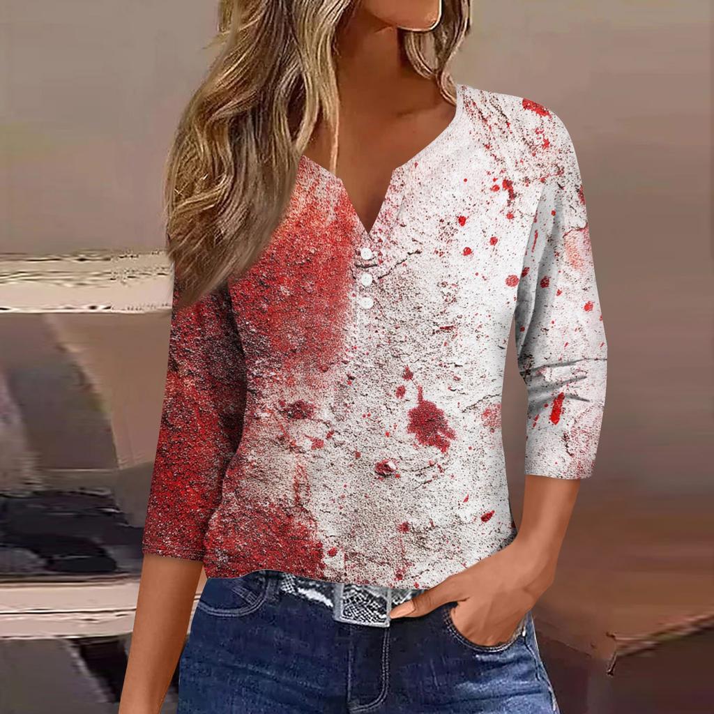 Damesmode Casual Halloween Print V-hals Korte Mouw Decoratieve Knop Driekwart Mouw T-shirt Top