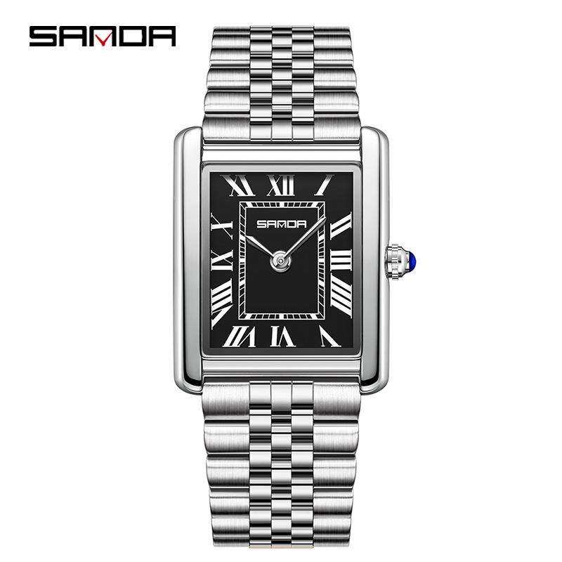Montre à Quartz pour Femme Sanda, Petit Cadran, Chiffres Romains, Mode Étanche Rectangulaire, Design Couple.
