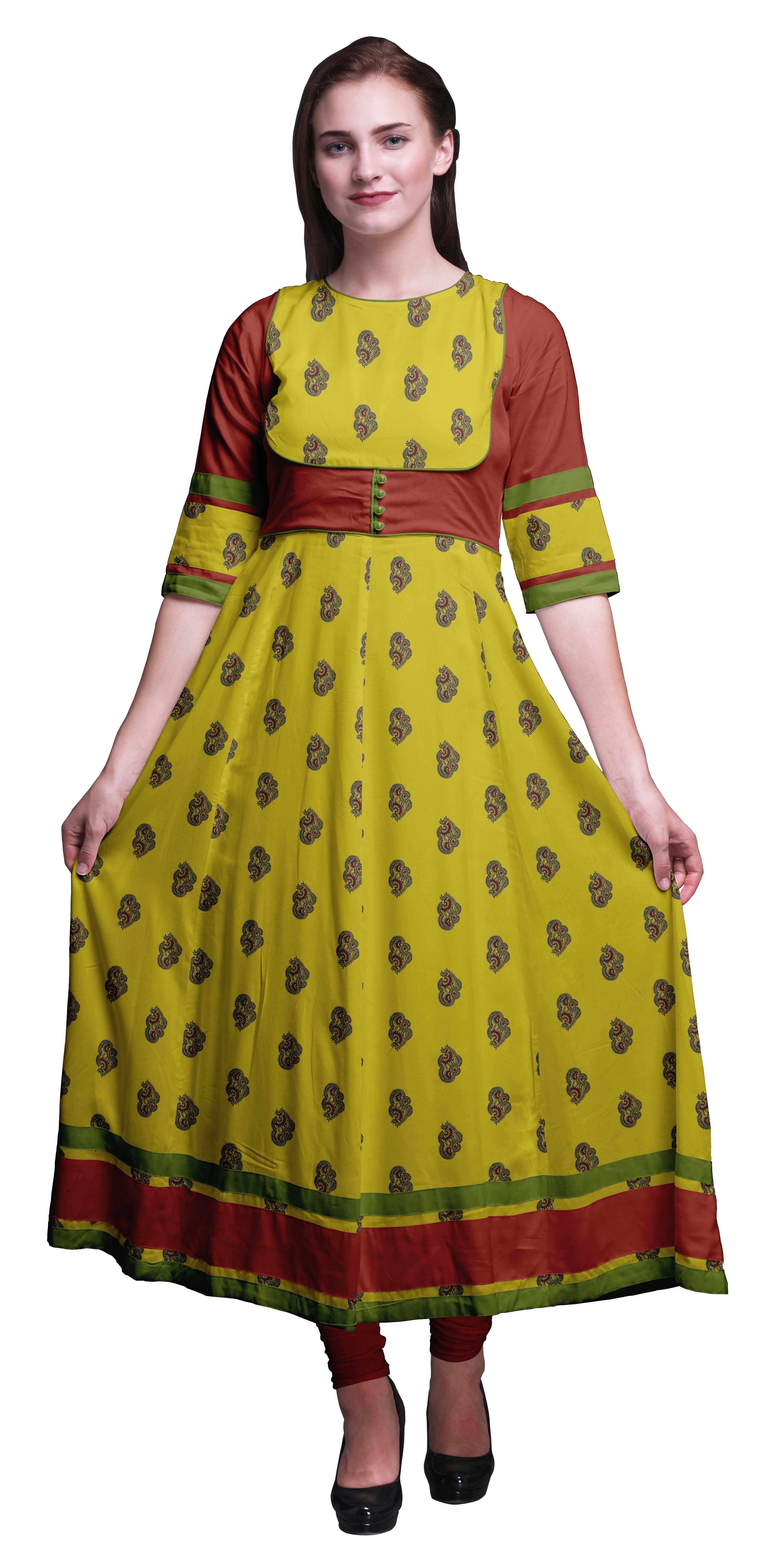 

Bimba Green Swirl & Floral Block Indian Kurtas For Women Long Anarkali Kurta Chic Style Tunic Ethnic XSmall жовтий